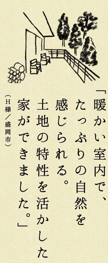 暖かい室内で、たっぷりの自然を感じられる。土地の特性を活かした家ができました。（H様／盛岡市）